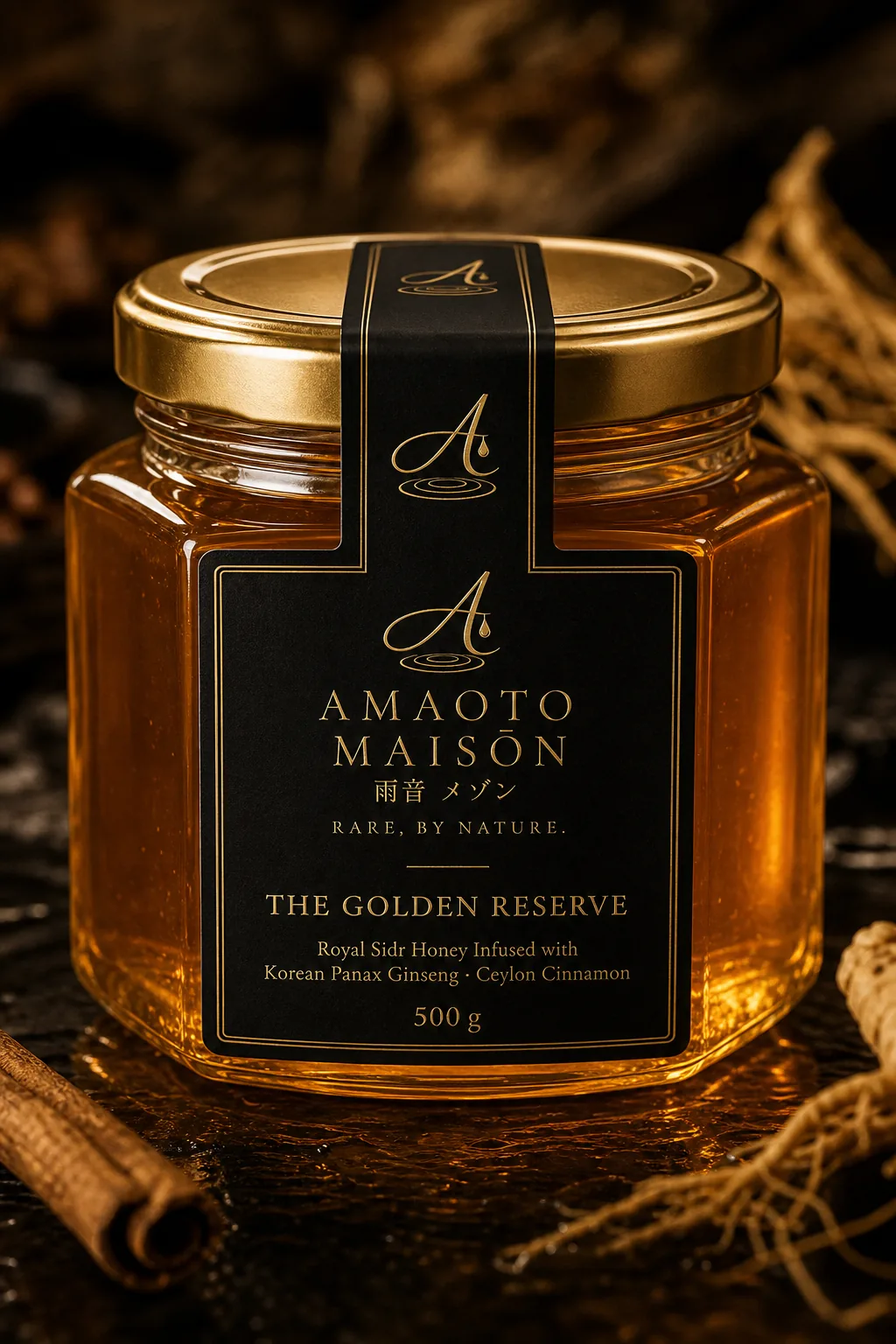 The Golden Reserve — short 500 g jar with gold lid and AMAOTO black seal