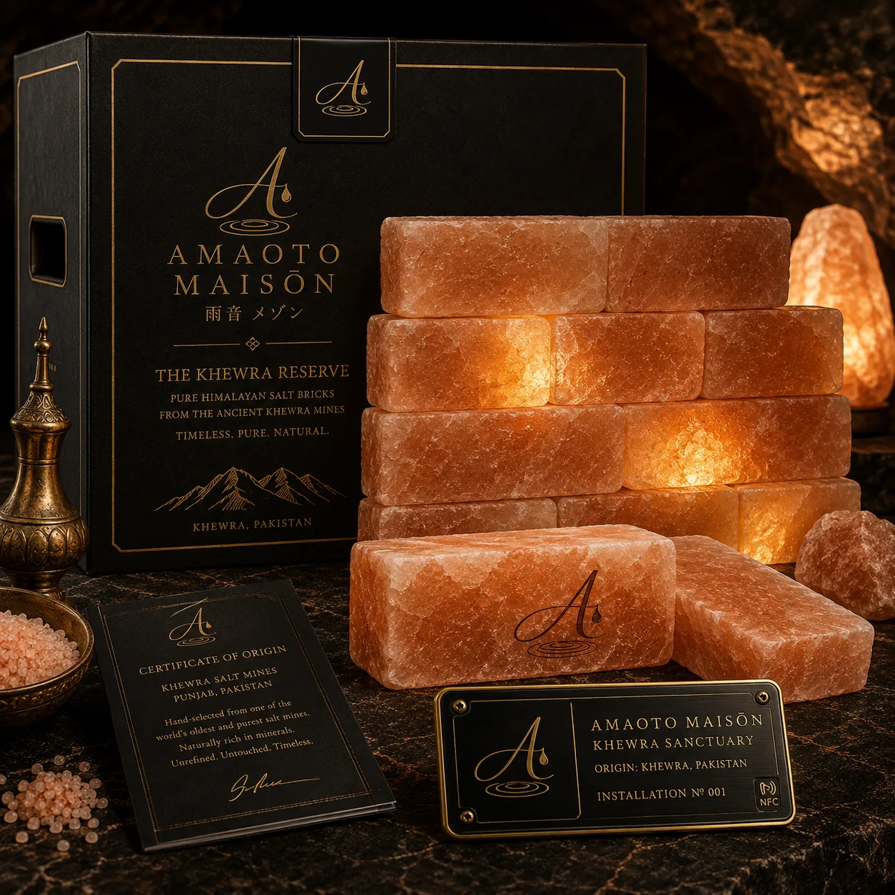 Alpine Sanctuary — selected small-format Khewra salt modules with AMAOTO packaging and provenance