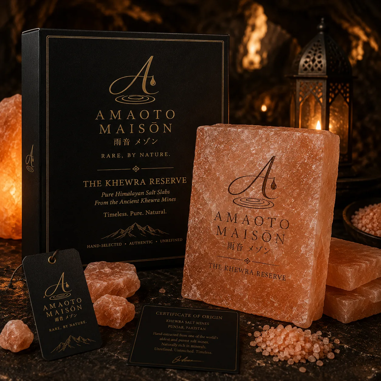 Grand Sanctuary — premium-depth Khewra salt slab with AMAOTO packaging and certificate of origin