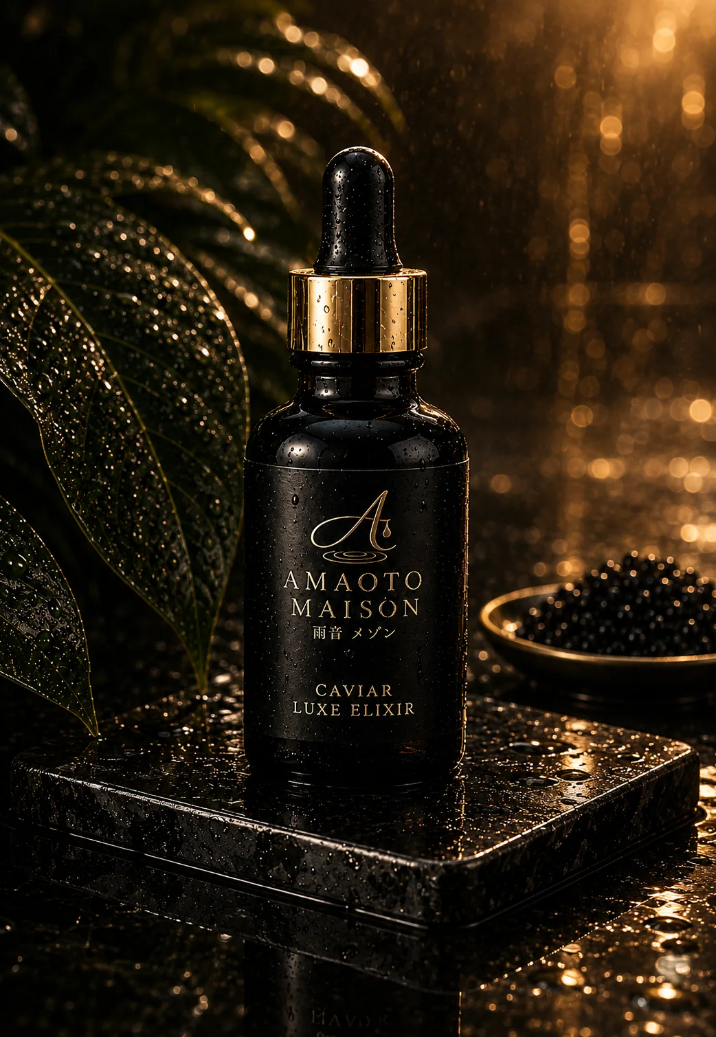 AMAOTO Caviar Luxe Elixir on rain-polished black stone