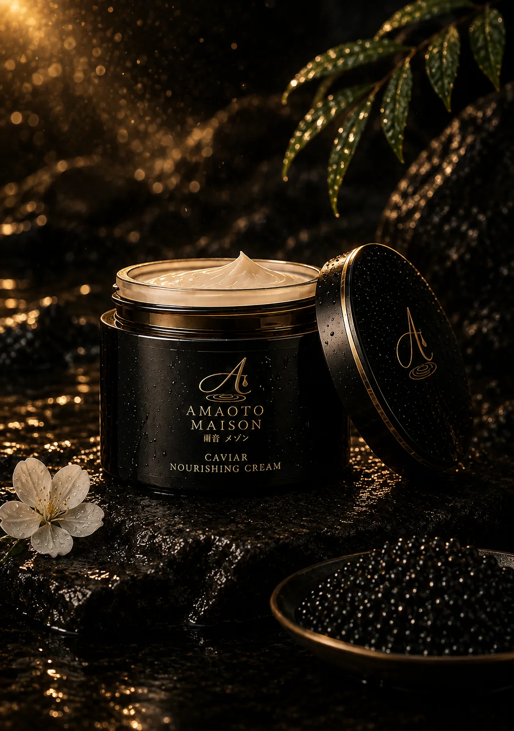 Open AMAOTO Caviar Nourishing Cream jar in cinematic rainfall