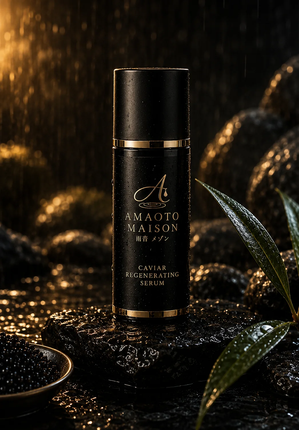 AMAOTO Caviar Regenerating Serum in a rain-soaked black and gold setting