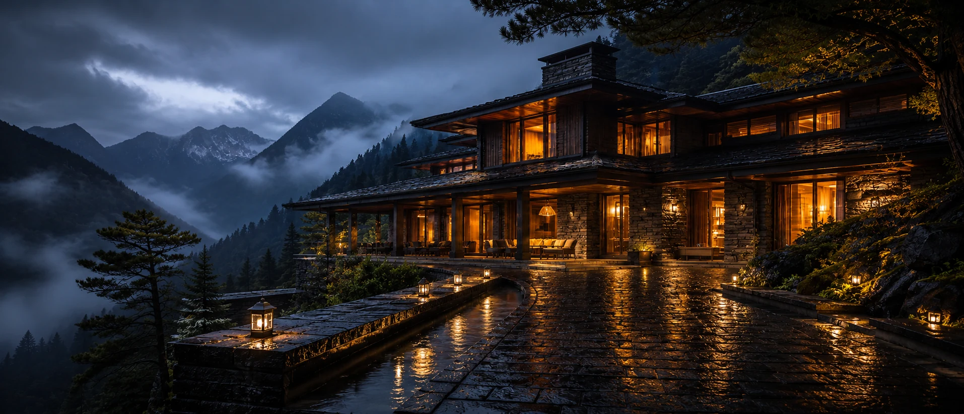 AMAOTO mountain destination house glowing above a rain-darkened alpine valley
