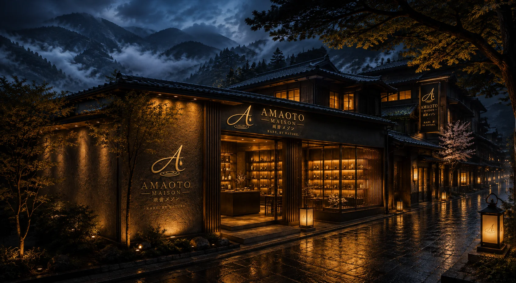 Future AMAOTO Maison destination storefront glowing beneath rain-darkened mountains