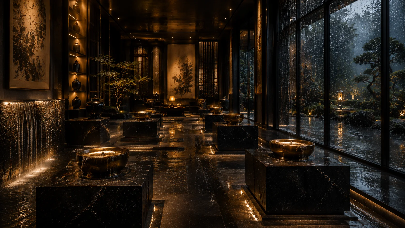 Rain-facing AMAOTO interior with water courts, stone material plinths and a private listening area