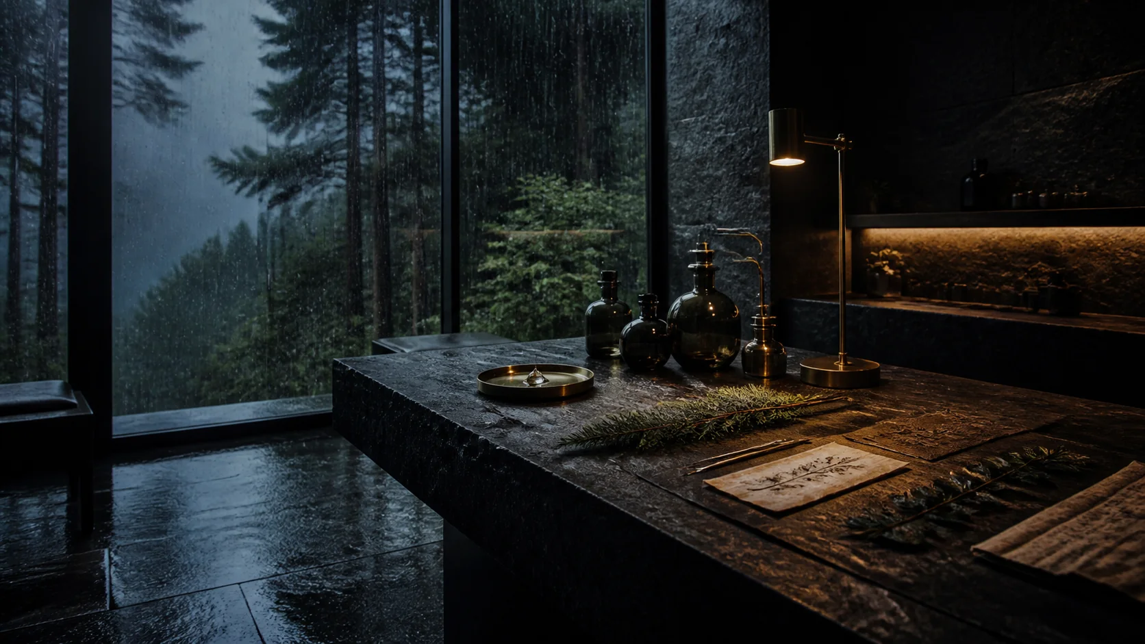 A rain-facing stone atelier where botanical materials and atmosphere are quietly studied