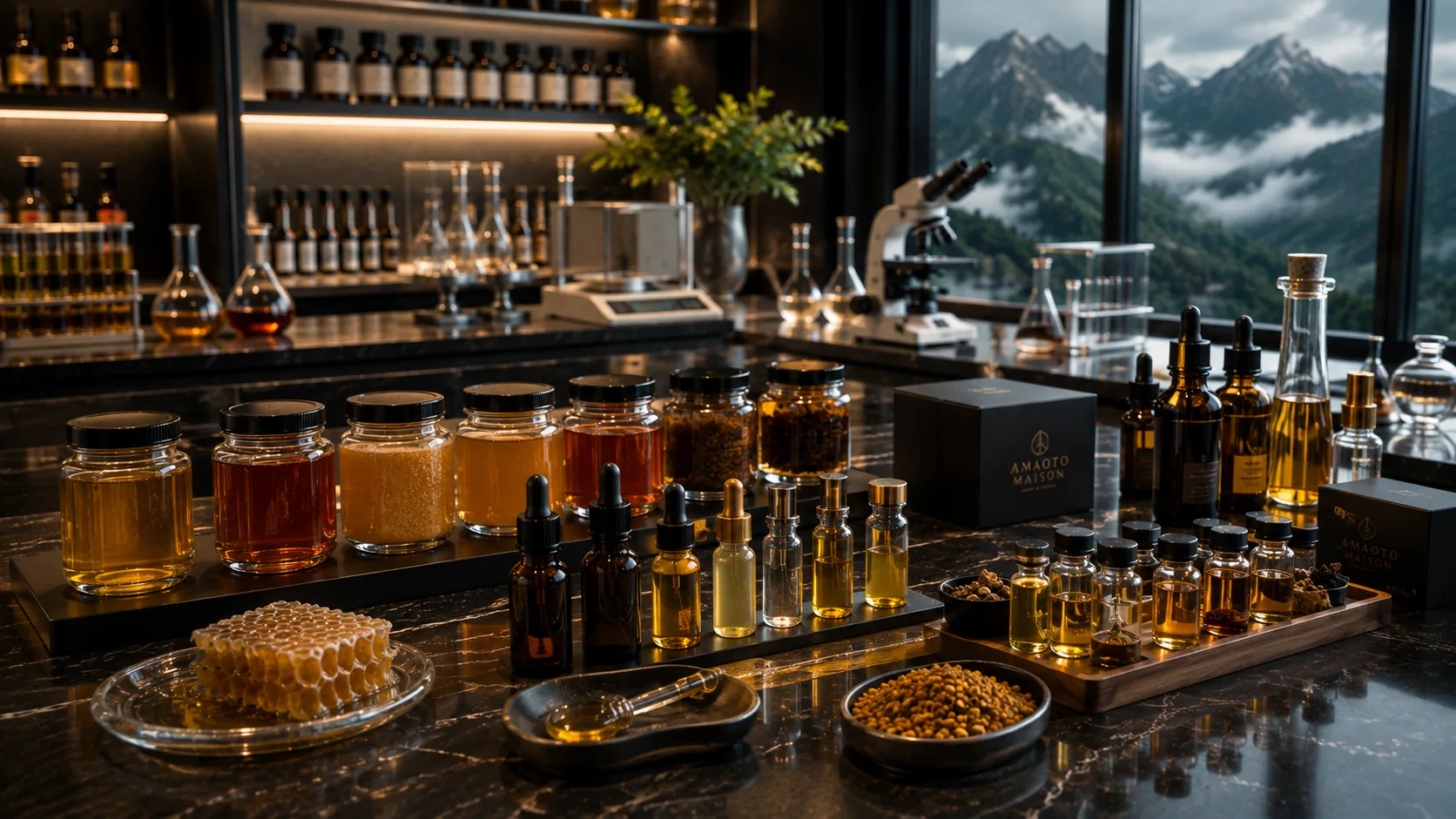 AMAOTO material laboratory with honey, botanical extracts, oils and analytical instruments overlooking mountain terrain